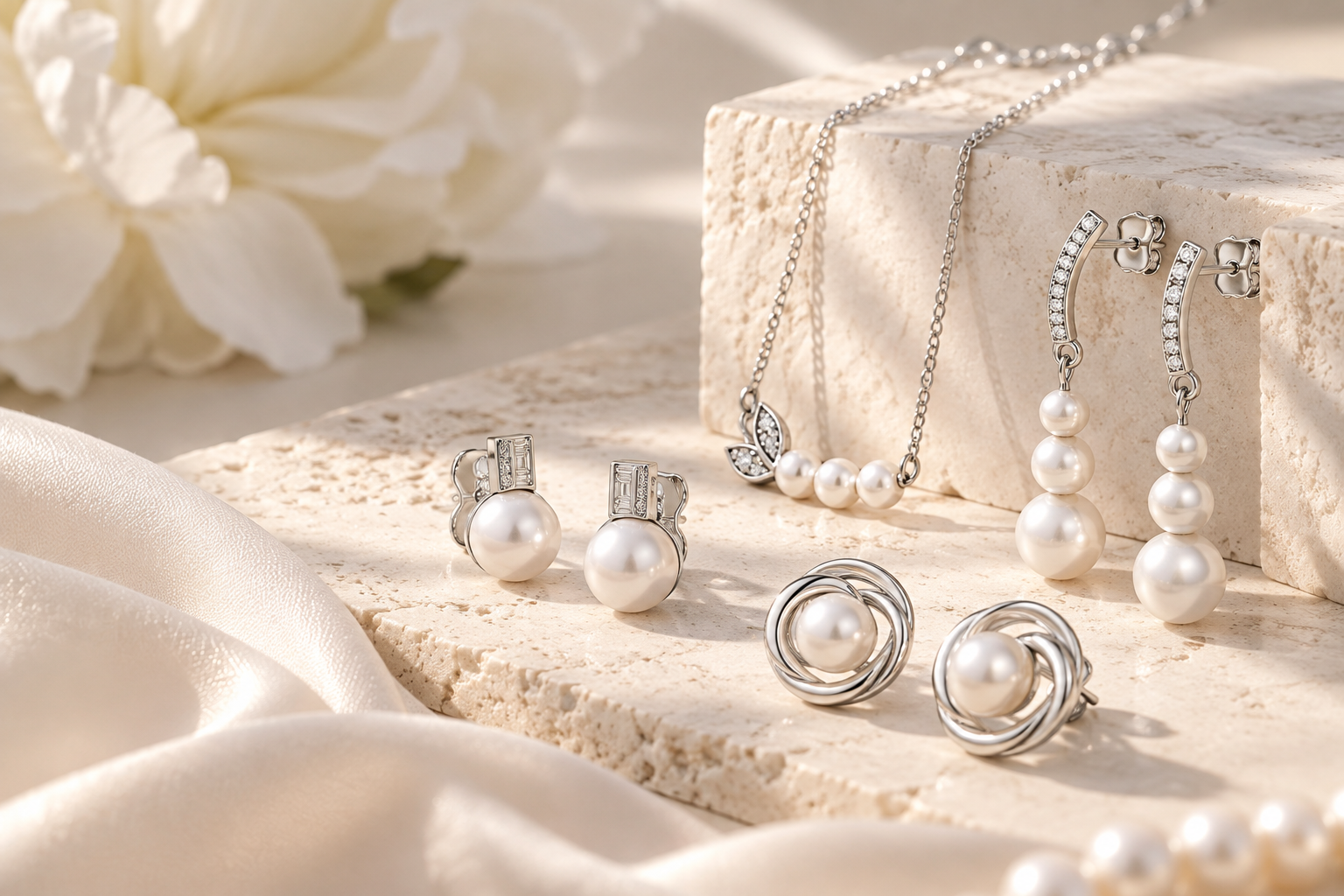 Elegant Larus pearl jewellery arranged on travertine